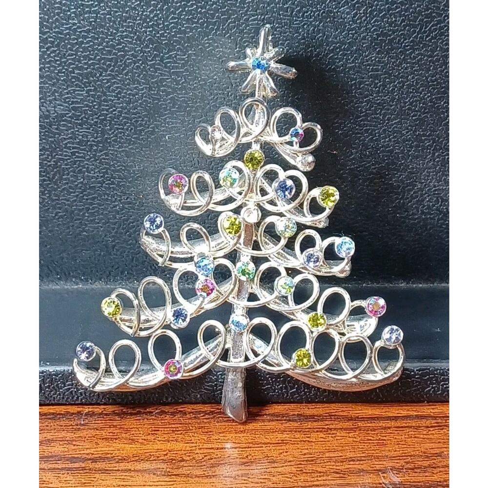 Vintage Tarnished Silvertone Christmas Tree Colorful Rhinestones Beautiful